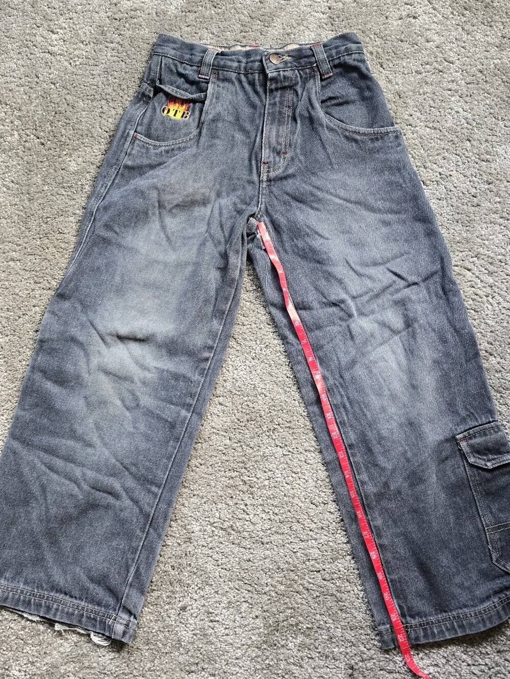 OTB One Tough Brand Baggy Y2K Grunge Jeans Youth Size 10 Cargo Flame Logo